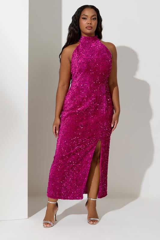 Evans YOURS LONDON Curve Pink Sequin Velvet Maxi Dress