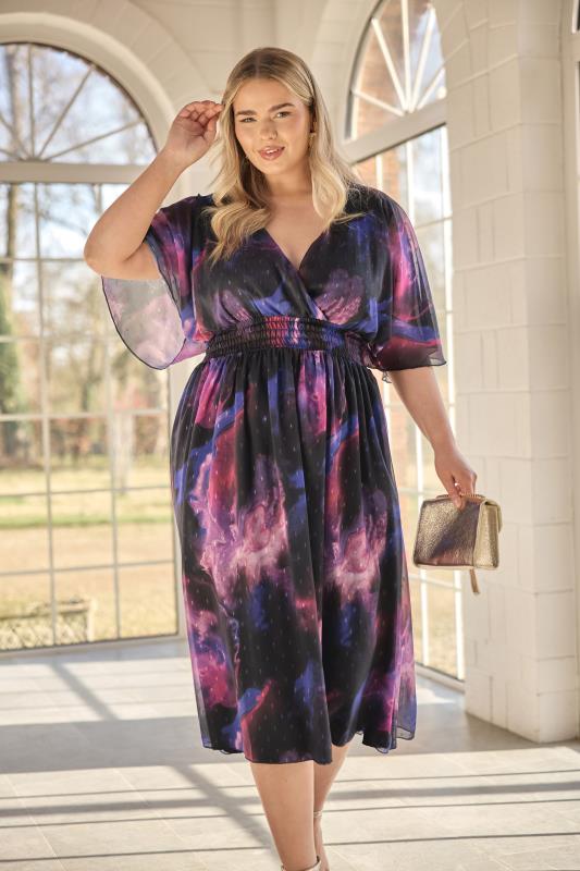 Evans YOURS LONDON Curve Purple Abstract Metallic Print Midi Dress