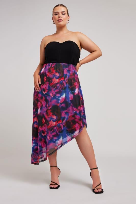 Evans YOURS LONDON Curve Purple Abstract Print Asymmetric Mesh Skirt
