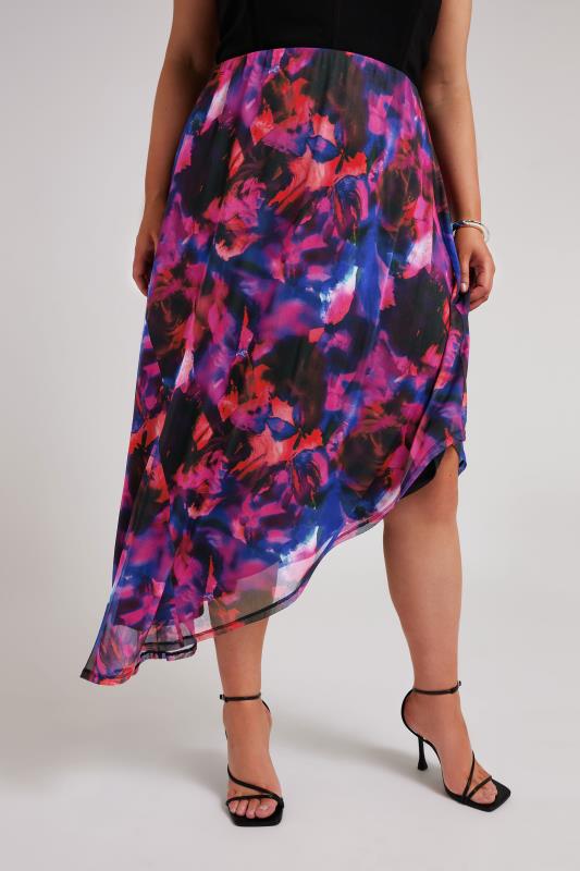 evans YOURS LONDON Curve Purple Abstract Print Asymmetric Mesh Skirt