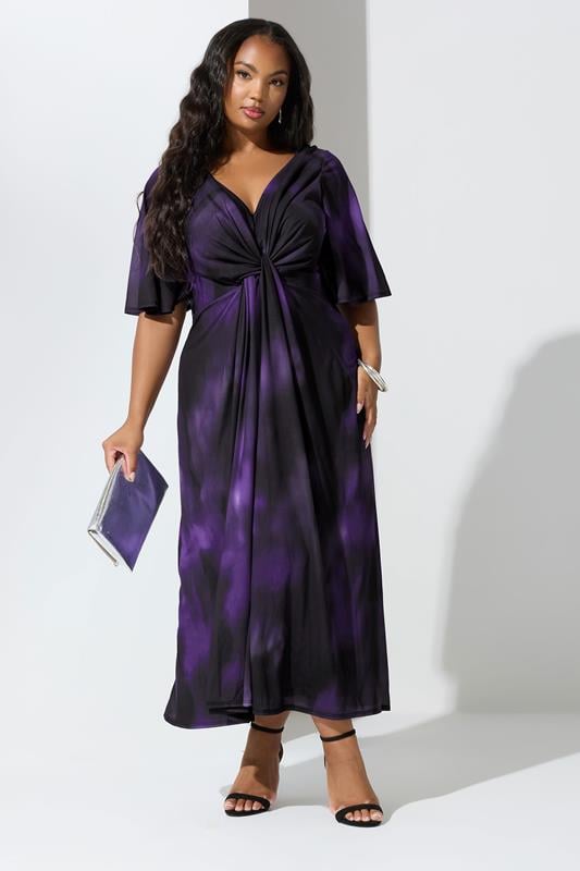 evans YOURS LONDON Curve Purple Abstract Print Knot Front Maxi Dress