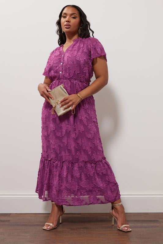 Evans YOURS LONDON Curve Purple Burn Out Jacquard Ruffle Dress