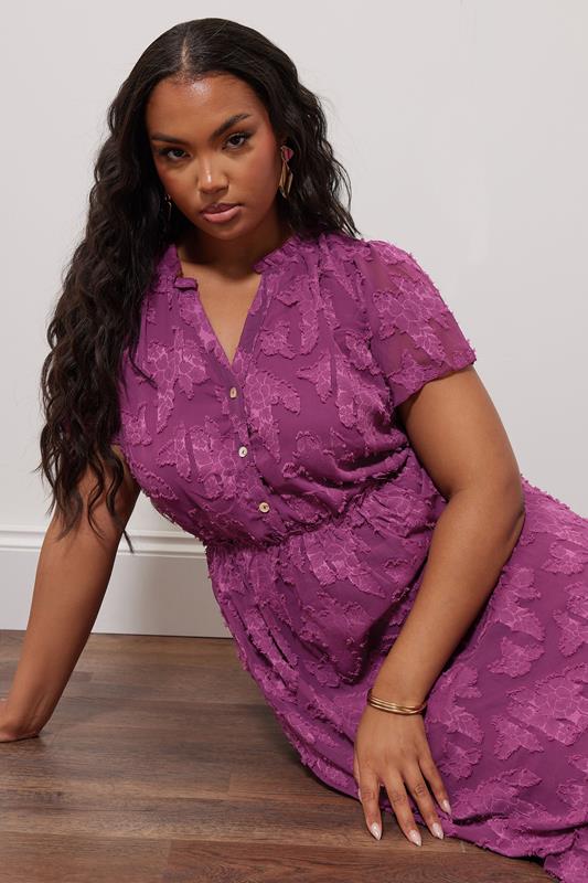 Evans YOURS LONDON Curve Purple Burn Out Jacquard Ruffle Dress