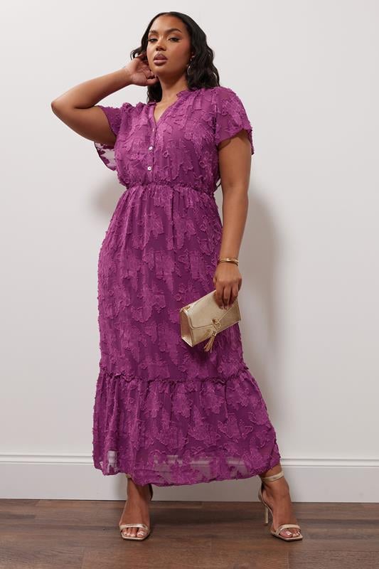 evans YOURS LONDON Curve Purple Burn Out Jacquard Ruffle Dress