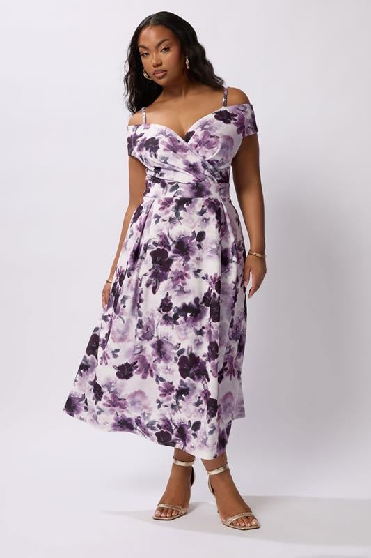 Evans YOURS LONDON Curve Purple Floral Print Cold Shoulder Dress
