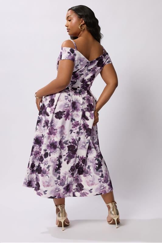 Evans YOURS LONDON Curve Purple Floral Print Cold Shoulder Dress