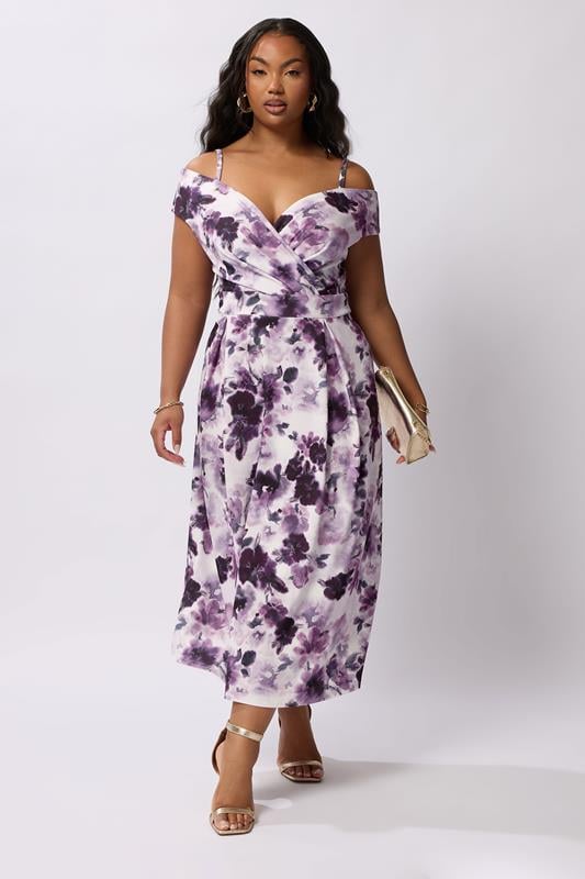 evans YOURS LONDON Curve Purple Floral Print Cold Shoulder Dress