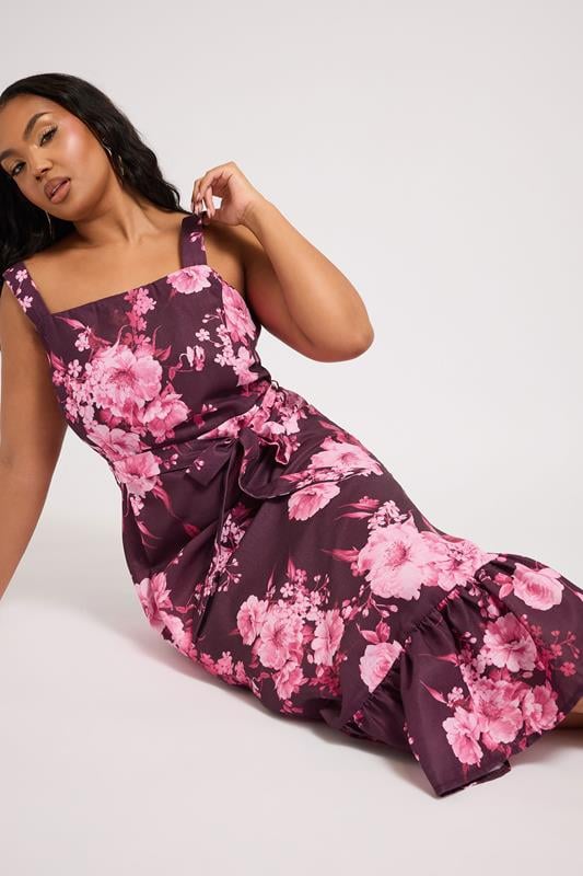 Evans YOURS LONDON Curve Purple Floral Print Linen Look Dress