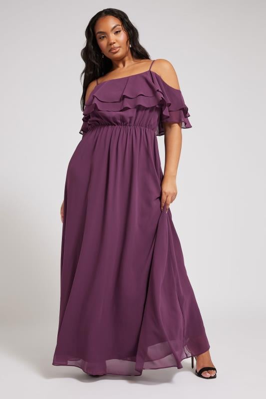 evans YOURS LONDON Curve Purple Frill Cold Shoulder Maxi Dress