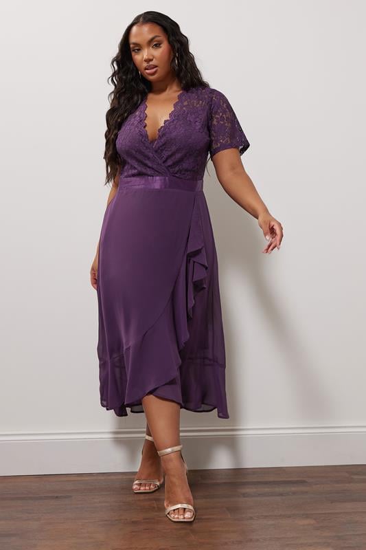 Evans YOURS LONDON Curve Purple Lace Wrap Ruffle Midi Dress