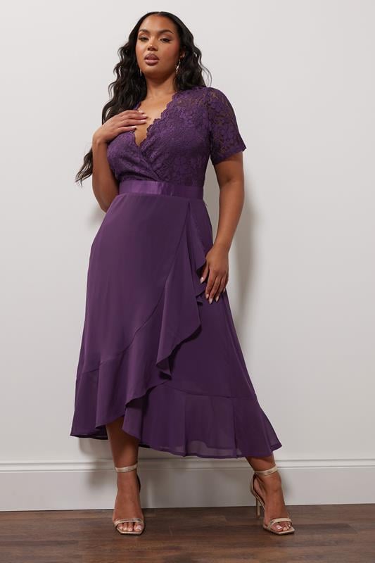 evans YOURS LONDON Curve Purple Lace Wrap Ruffle Midi Dress