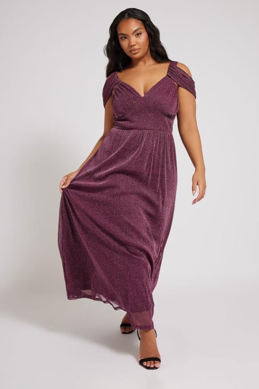 Evans YOURS LONDON Curve Purple Metallic Cold Shoulder Maxi Mesh Dress