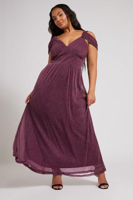 evans YOURS LONDON Curve Purple Metallic Cold Shoulder Maxi Mesh Dress