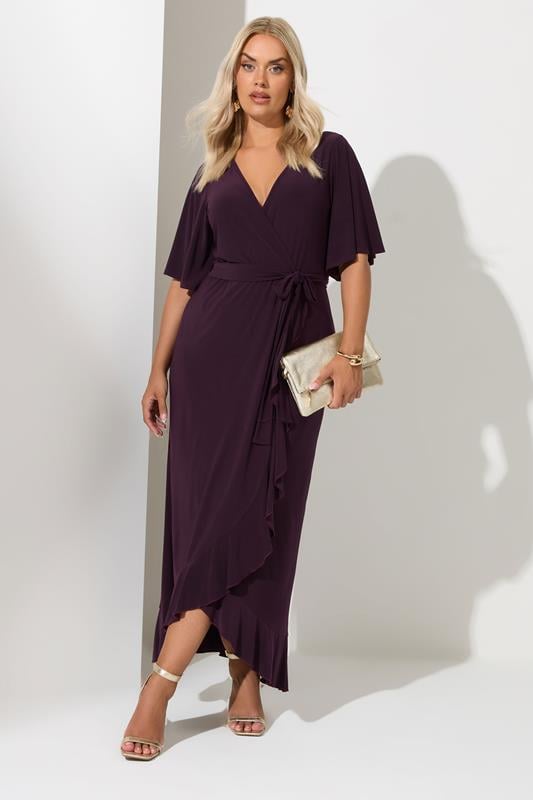 evans YOURS LONDON Curve Purple Short Sleeve Ruffle Wrap Maxi Dress