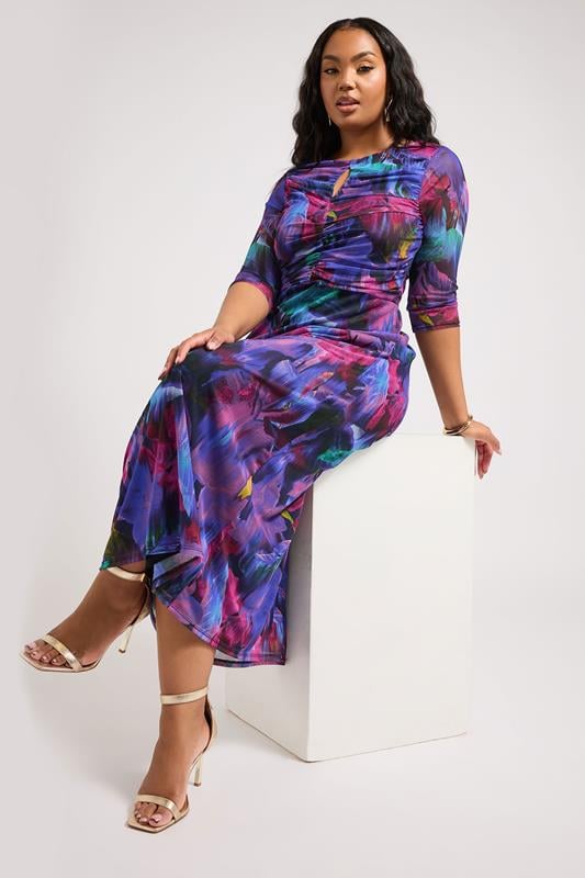 Evans YOURS LONDON Curve Purple Tropical Print Keyhole Mesh Dress
