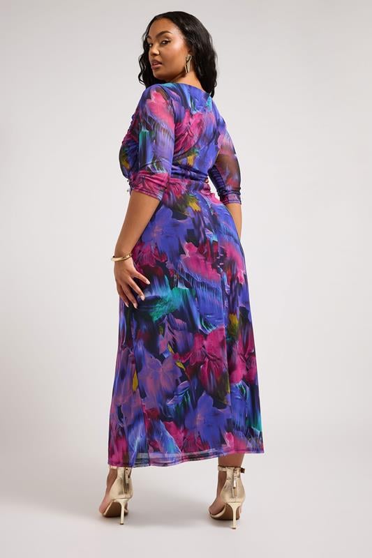 Evans YOURS LONDON Curve Purple Tropical Print Keyhole Mesh Dress