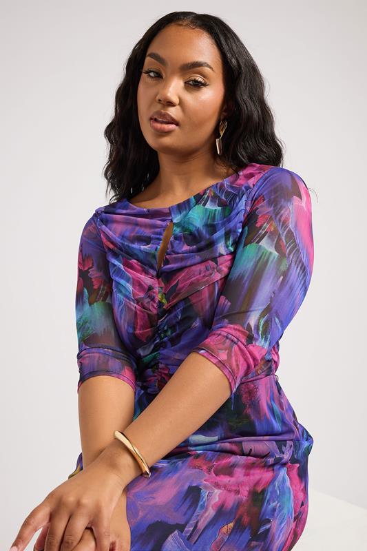 Evans YOURS LONDON Curve Purple Tropical Print Keyhole Mesh Dress