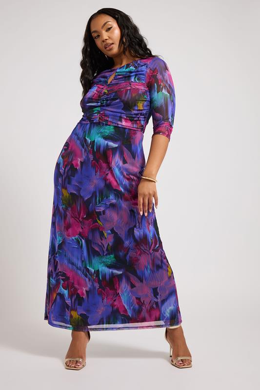 evans YOURS LONDON Curve Purple Tropical Print Keyhole Mesh Dress