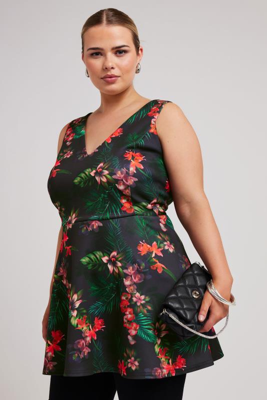 evans YOURS LONDON Curve Purple Tropical Print Peplum Top