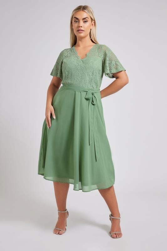 Evans YOURS LONDON Curve Sage Green Lace Wrap Midi Dress