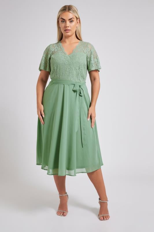 Evans YOURS LONDON Curve Sage Green Lace Wrap Midi Dress