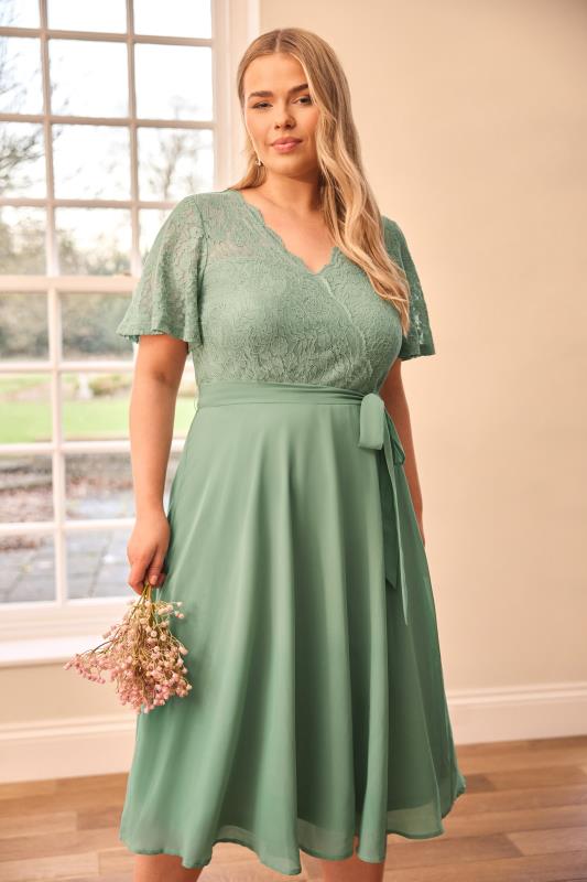evans YOURS LONDON Curve Sage Green Lace Wrap Midi Dress