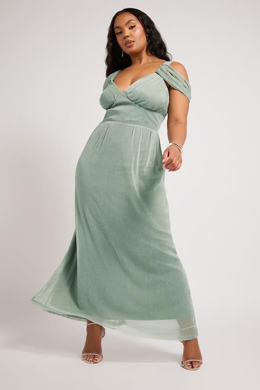 Evans YOURS LONDON Curve Sage Green Metallic Cold Shoulder Maxi Mesh Dress
