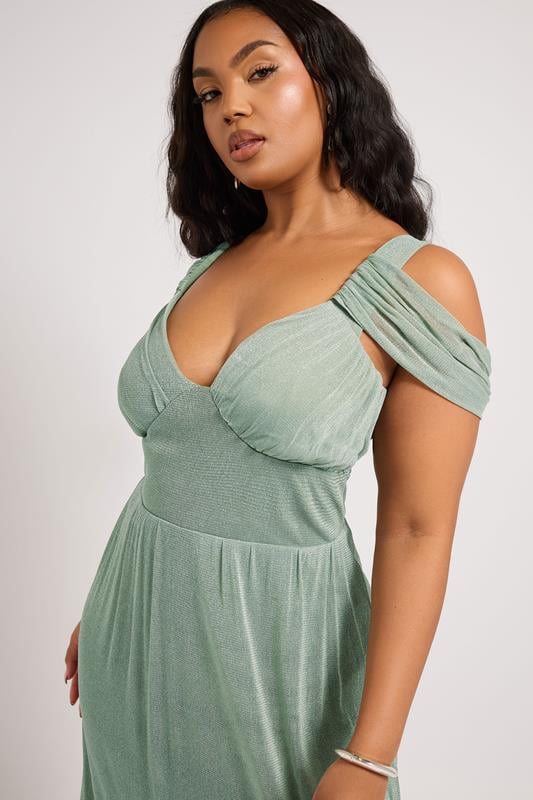 Evans YOURS LONDON Curve Sage Green Metallic Cold Shoulder Maxi Mesh Dress