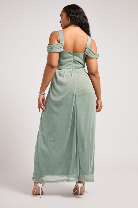 Evans YOURS LONDON Curve Sage Green Metallic Cold Shoulder Maxi Mesh Dress