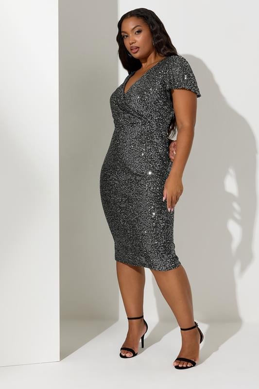 Evans YOURS LONDON Curve Silver Sequin Embellished Wrap Dress