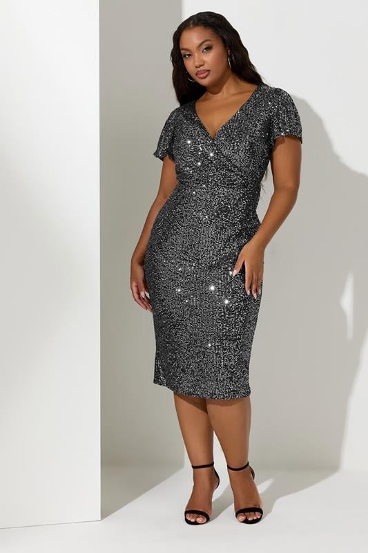 evans YOURS LONDON Curve Silver Sequin Embellished Wrap Dress