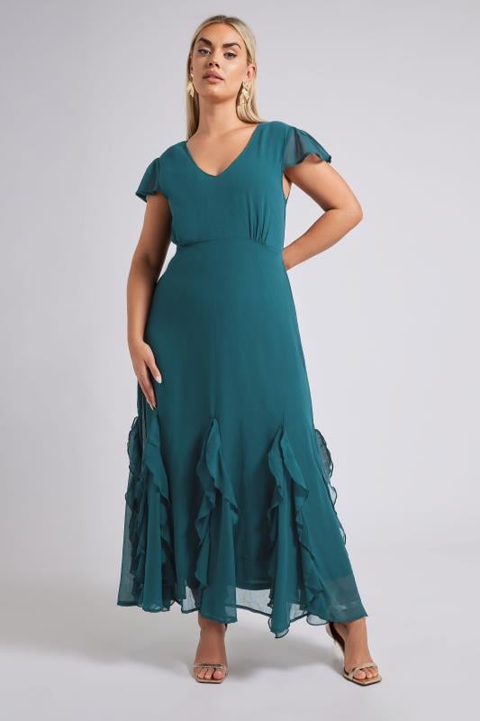 Evans YOURS LONDON Curve Teal Blue Ruffle Godet Hem Maxi Dress