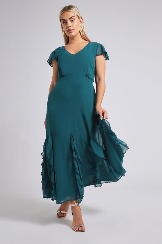 Evans YOURS LONDON Curve Teal Blue Ruffle Godet Hem Maxi Dress