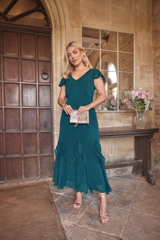 evans YOURS LONDON Curve Teal Blue Ruffle Godet Hem Maxi Dress