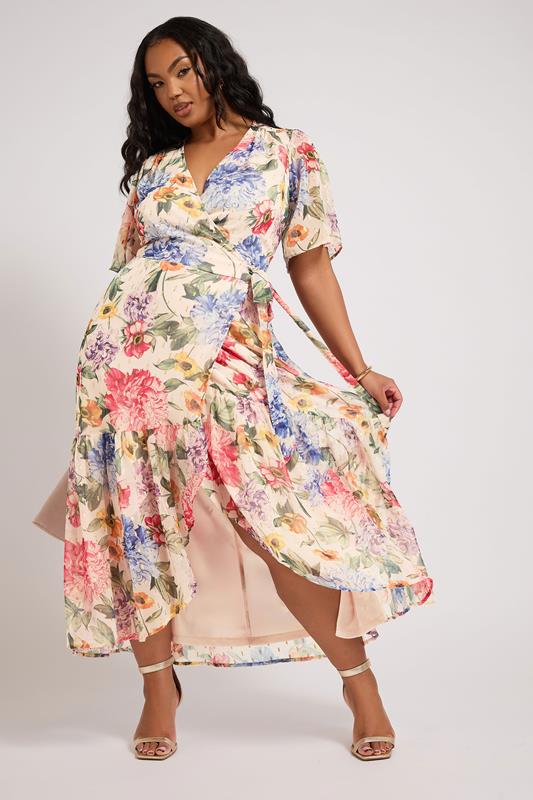 Evans YOURS LONDON Curve White Floral Print Metallic Wrap Dress