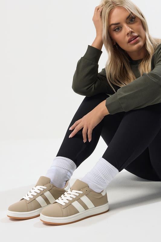 evans Yours Mocha Brown Padded Lace Up Trainers In Wide E Fit