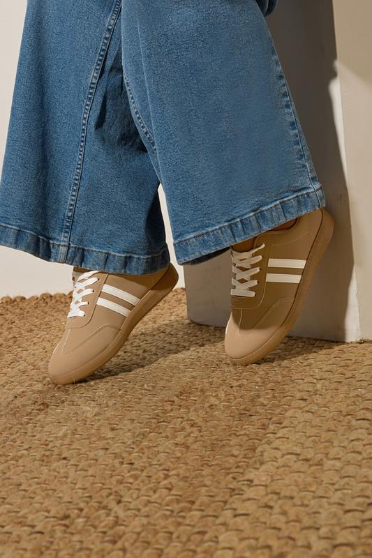 evans Yours Mocha Brown Retro Stripe Trainers In Extra Wide EEE Fit