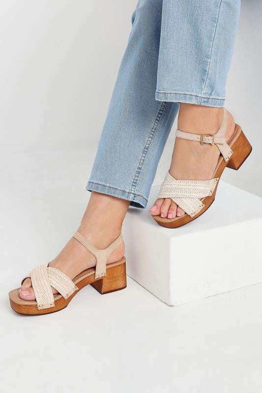 Evans Yours Natural Brown Cross Over Platform Wooden Clog Sandals In Wide E Fit