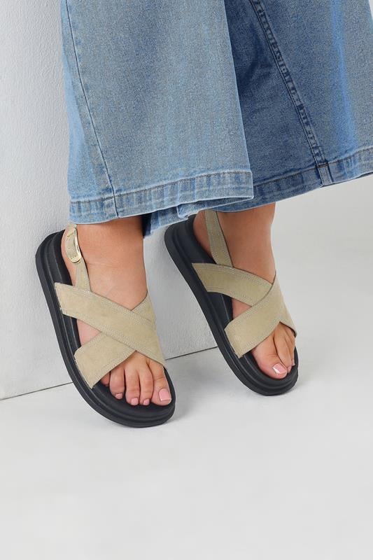 evans Yours Natural Brown Faux Suede Contrast Stitch Sandals In Extra Wide EEE Fit