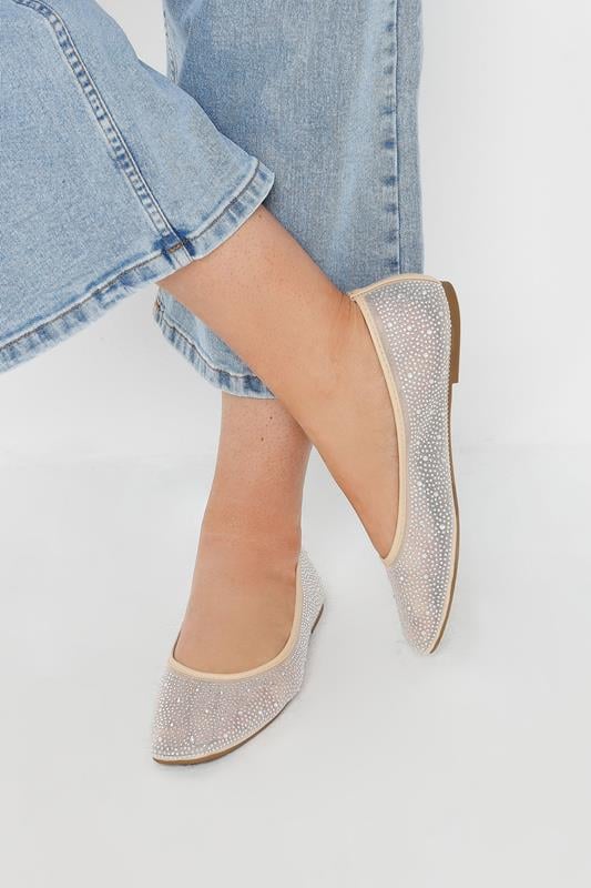 evans Yours Nude Mesh Diamante Embellished Ballerina Pumps In Wide E Fit
