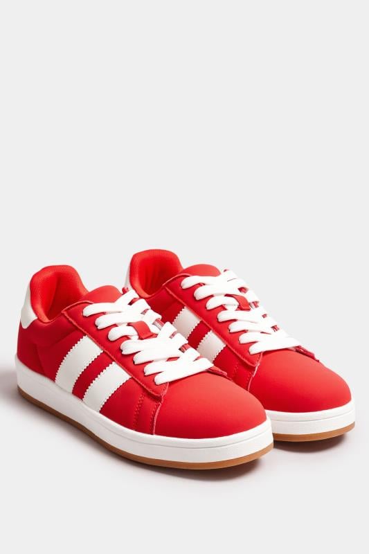 Evans Yours Red Padded Lace Up Trainers In Wide E Fit