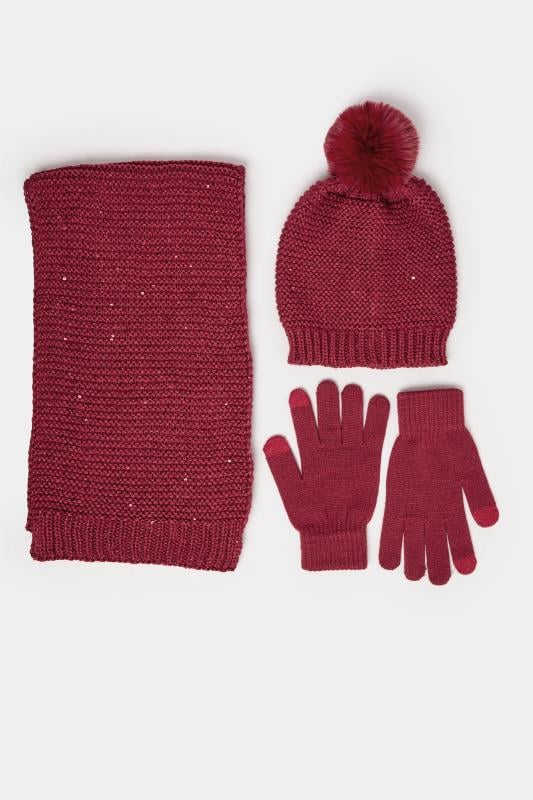 Evans Yours Red Sequin Knitted Hat Gloves & Scarf Set