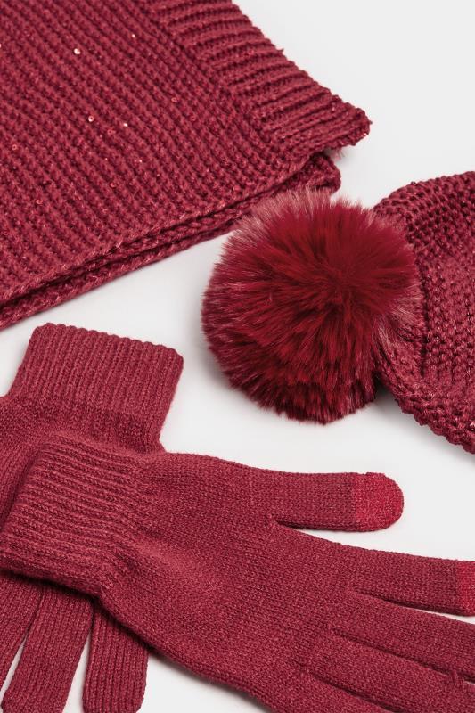 Evans Yours Red Sequin Knitted Hat Gloves & Scarf Set