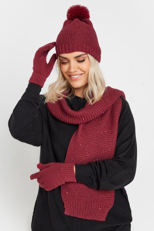 evans Yours Red Sequin Knitted Hat Gloves & Scarf Set