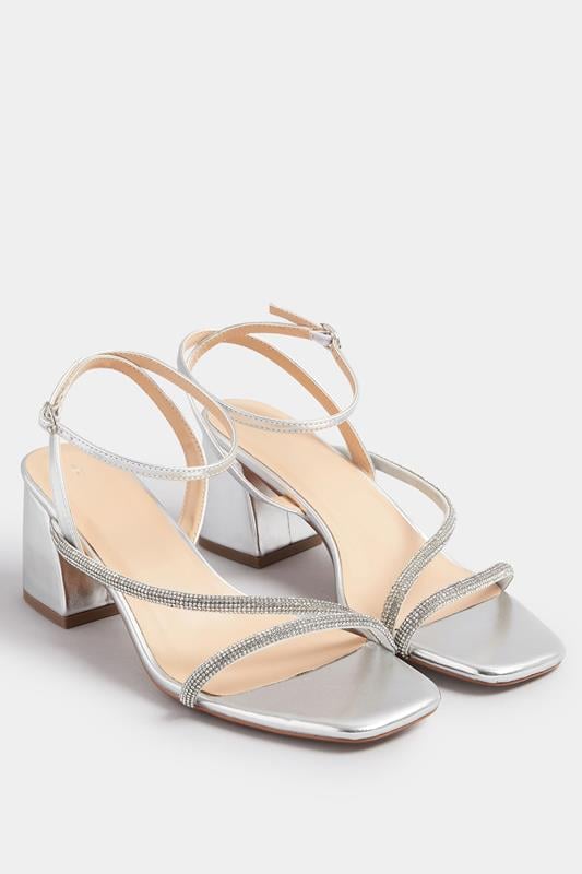 Evans Yours Silver Diamante Block Heel Sandals In Extra Wide EEE Fit