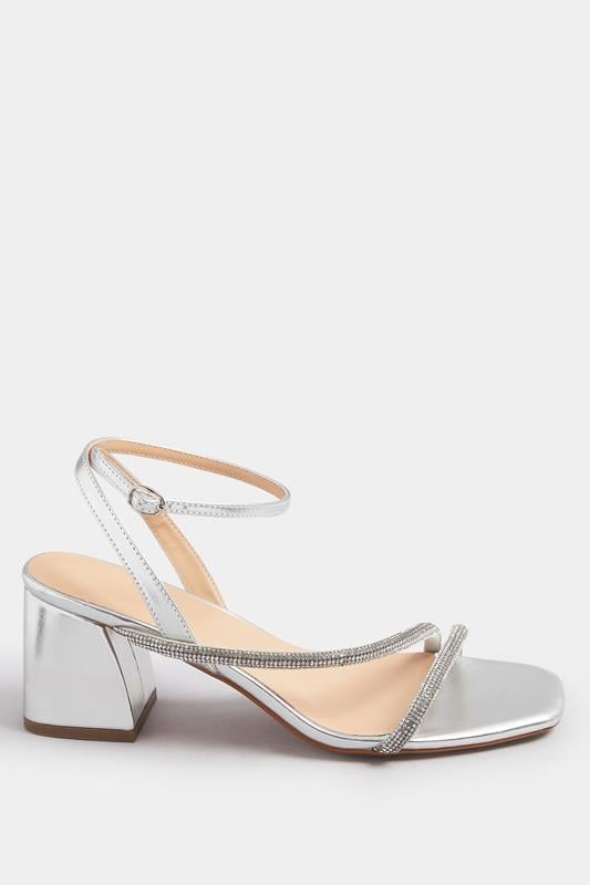 Evans Yours Silver Diamante Block Heel Sandals In Extra Wide EEE Fit