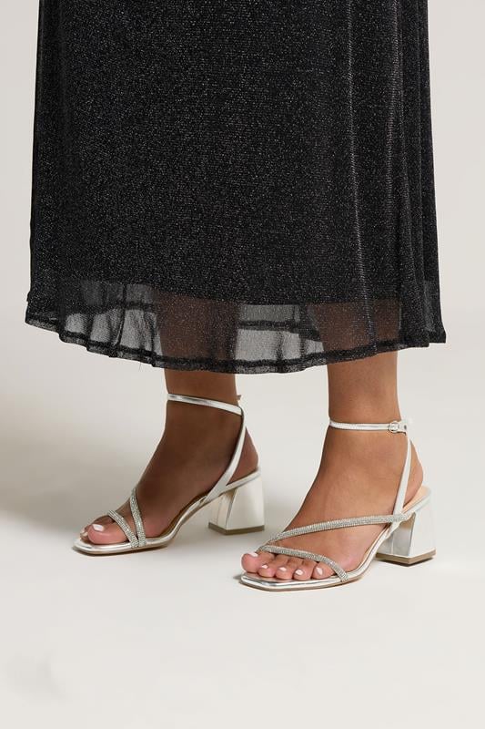 evans Yours Silver Diamante Block Heel Sandals In Extra Wide EEE Fit