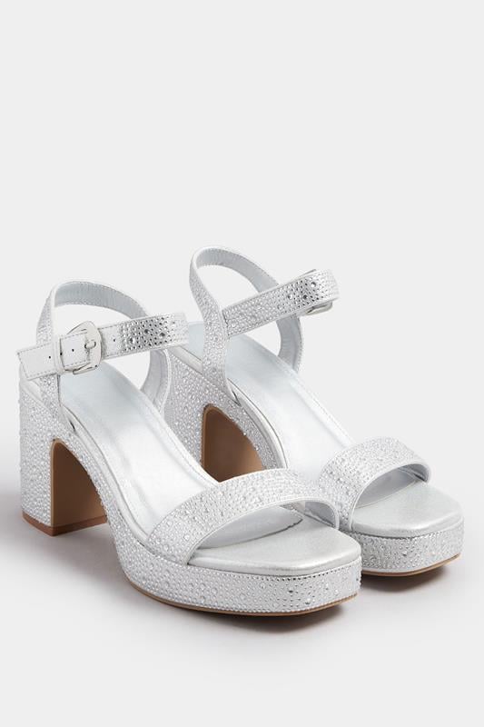 Evans Yours Silver Diamante Platform Block Heels In Wide E Fit