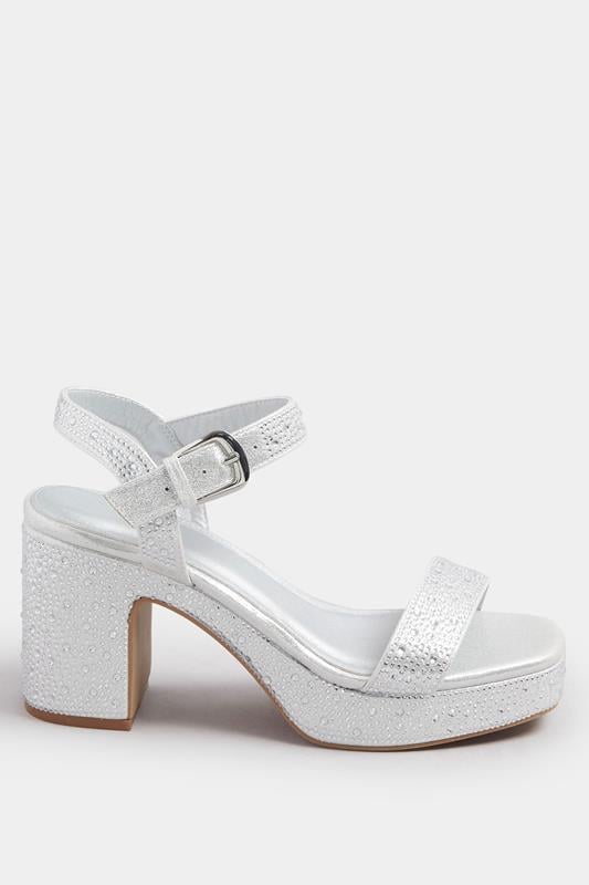 Evans Yours Silver Diamante Platform Block Heels In Wide E Fit