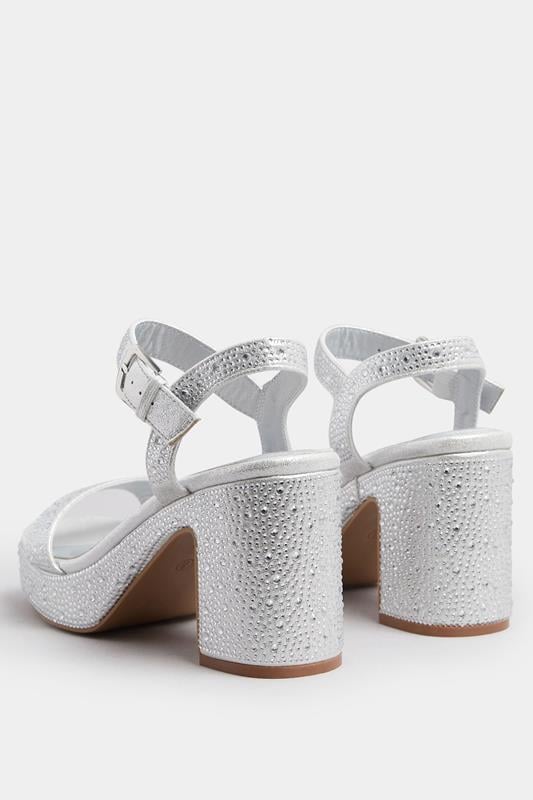 Evans Yours Silver Diamante Platform Block Heels In Wide E Fit